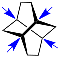 Twistan – die vier blauen Pfeile weisen auf die Brückenkopfatome (Kohlenstoffatome)