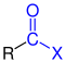 Allgemeine Struktur der Carbonsäurehalogenide mit dem blau markierten Halogencarbonyl-Rest