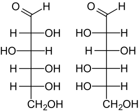 Struktur von D-Glucose (links) und L-Glucose(rechts)