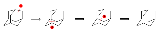 Mit drei Schnitten (rot) lässt sich Adamantan in einen acyclischen Kohlenwasserstoff zerlegen
