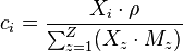 c_i = \frac{X_i \cdot \rho}{\sum_{z=1}^Z (X_z \cdot M_z)}