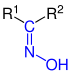 Allgemeine Struktur der Oxime mit der blau markierten Oximgruppe. R = H oder Organylgruppe