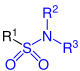 Allgemeine Struktur der Sulfonsäureamide  mit dem blau markierten Sulfamoyl-Rest. R = H oder Organylgruppe
