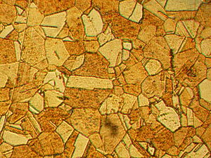 Microstructure of rolled and annealed brass; magnification 400X.jpg