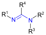 Allgemeine Strukturformel von Amidinen. Die Amidingruppe ist blau markiert.