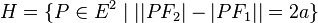  H = \{P \in E^2 \mid  ||PF_2| - |PF_1 || = 2a \}