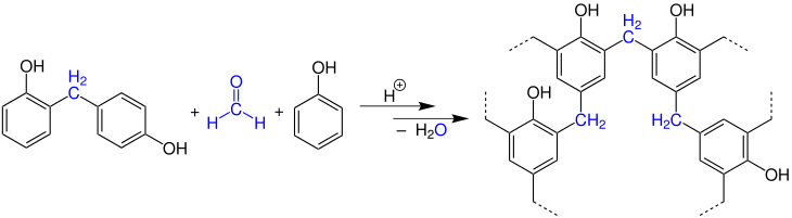 Zweite Stufe der Polykondensationsreaktion von Formaldehyd mit Phenol zu Bakelit