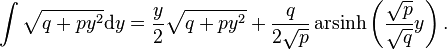 \int\sqrt{q+p y^2}\mathrm{d}y=\frac{y}{2} \sqrt{q+p y^2}+\frac{q }{2 \sqrt{p}} \operatorname{arsinh}\left(\frac{\sqrt{p}}{\sqrt{q}}y\right).